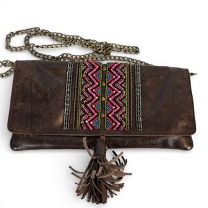 Overland Brown Leather Beaded Boho Crossbody Bag Tassel Clutch Antiq Brass Chain